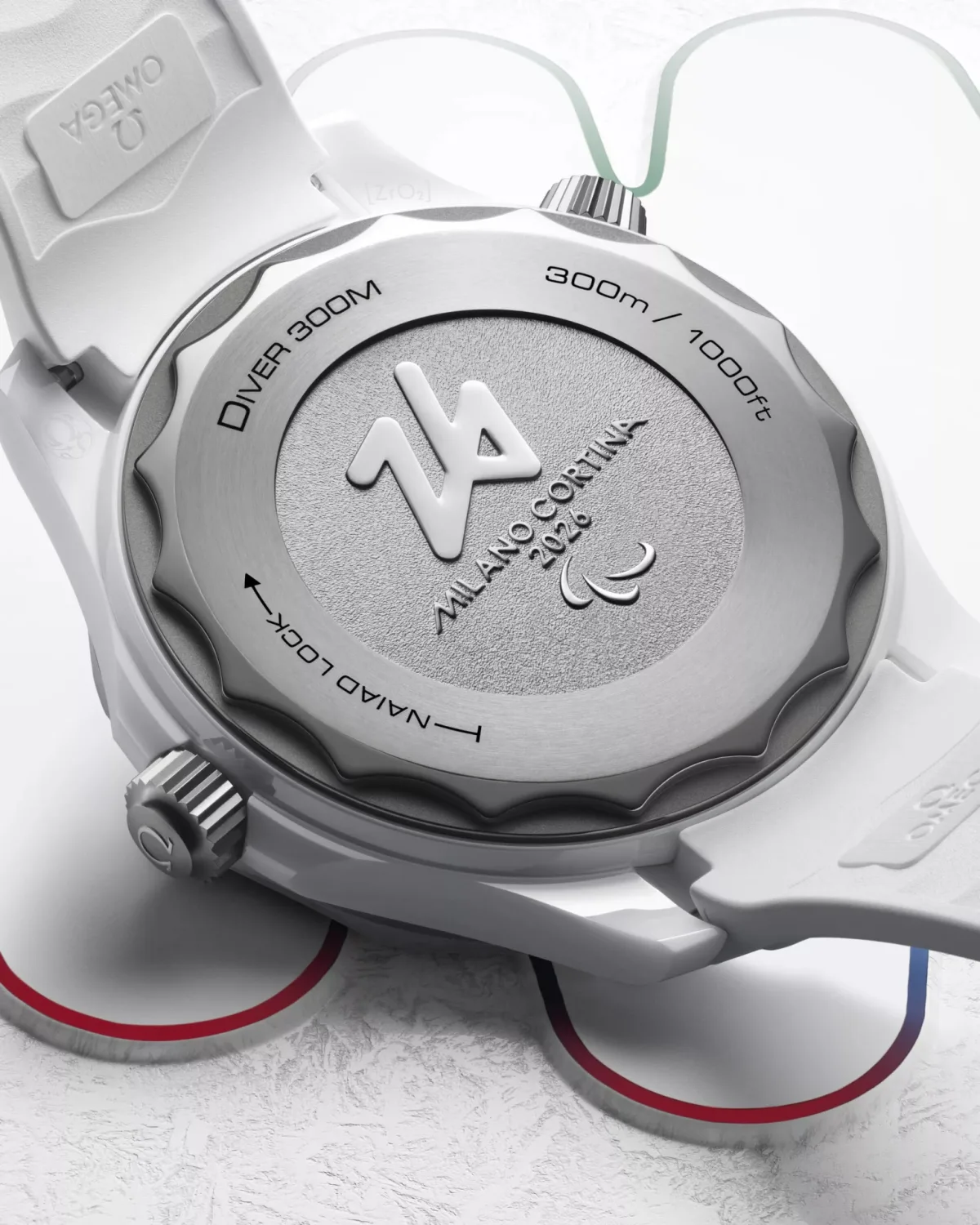Titanium case back of Omega Seamaster Diver 300M Milano Cortina 2026