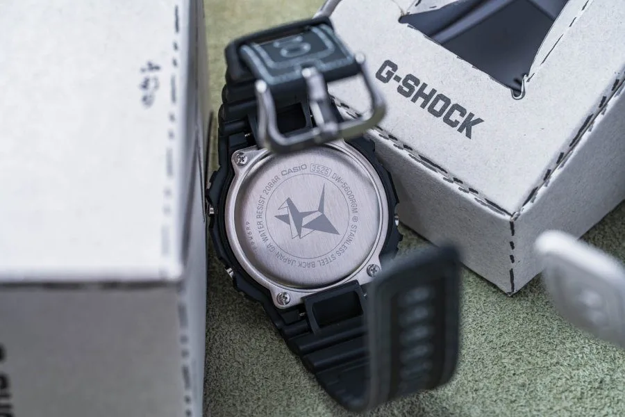 Close-up of paper crane engraving on G-SHOCK case back