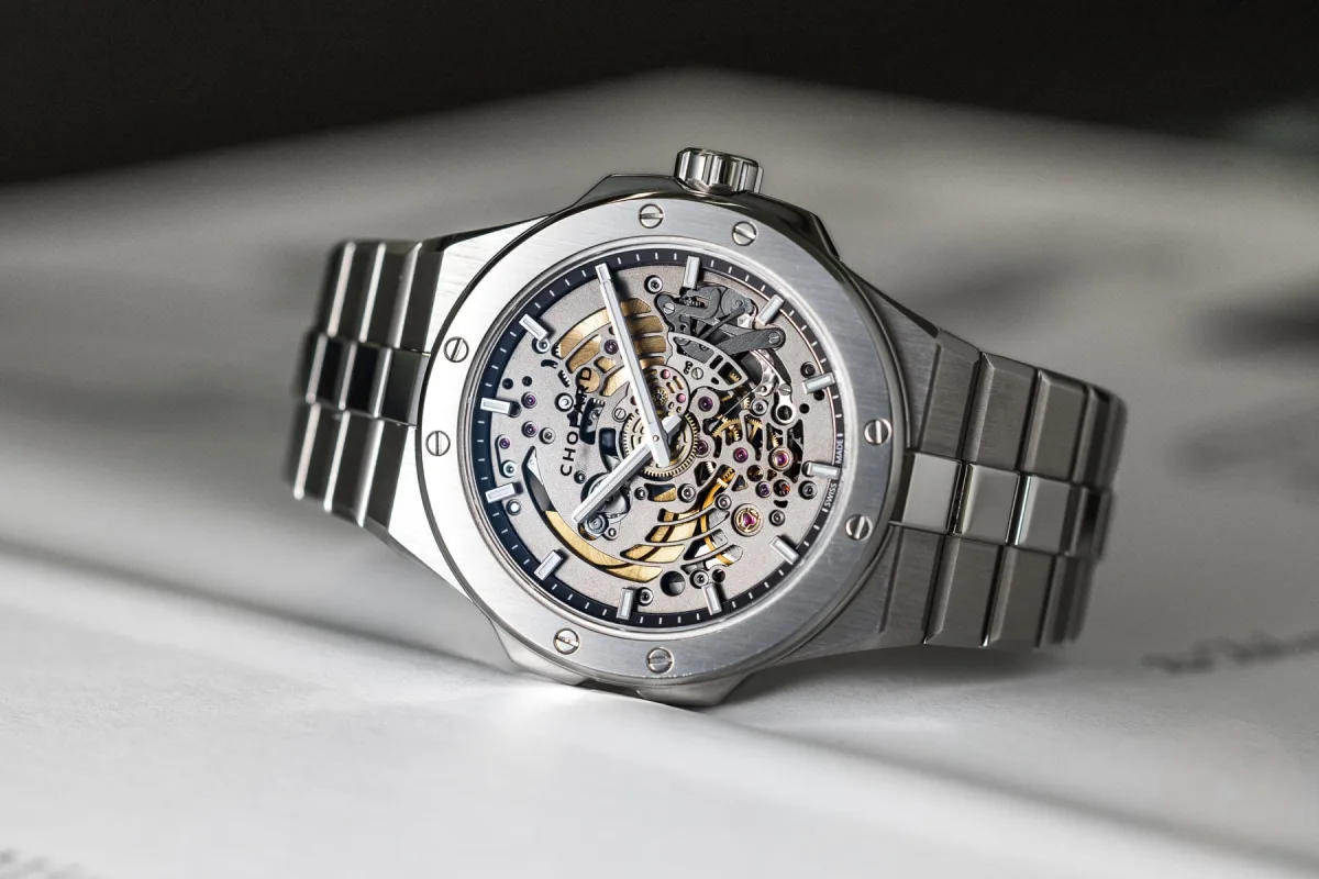 Modern skeletonized watch mechanism close-up