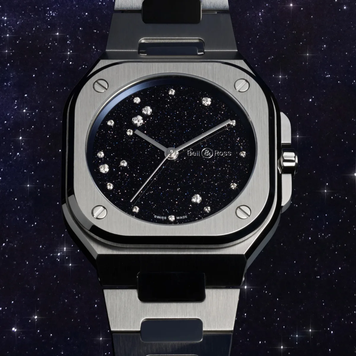 Close-up of the BR-05 watch face with diamond Eagle constellation