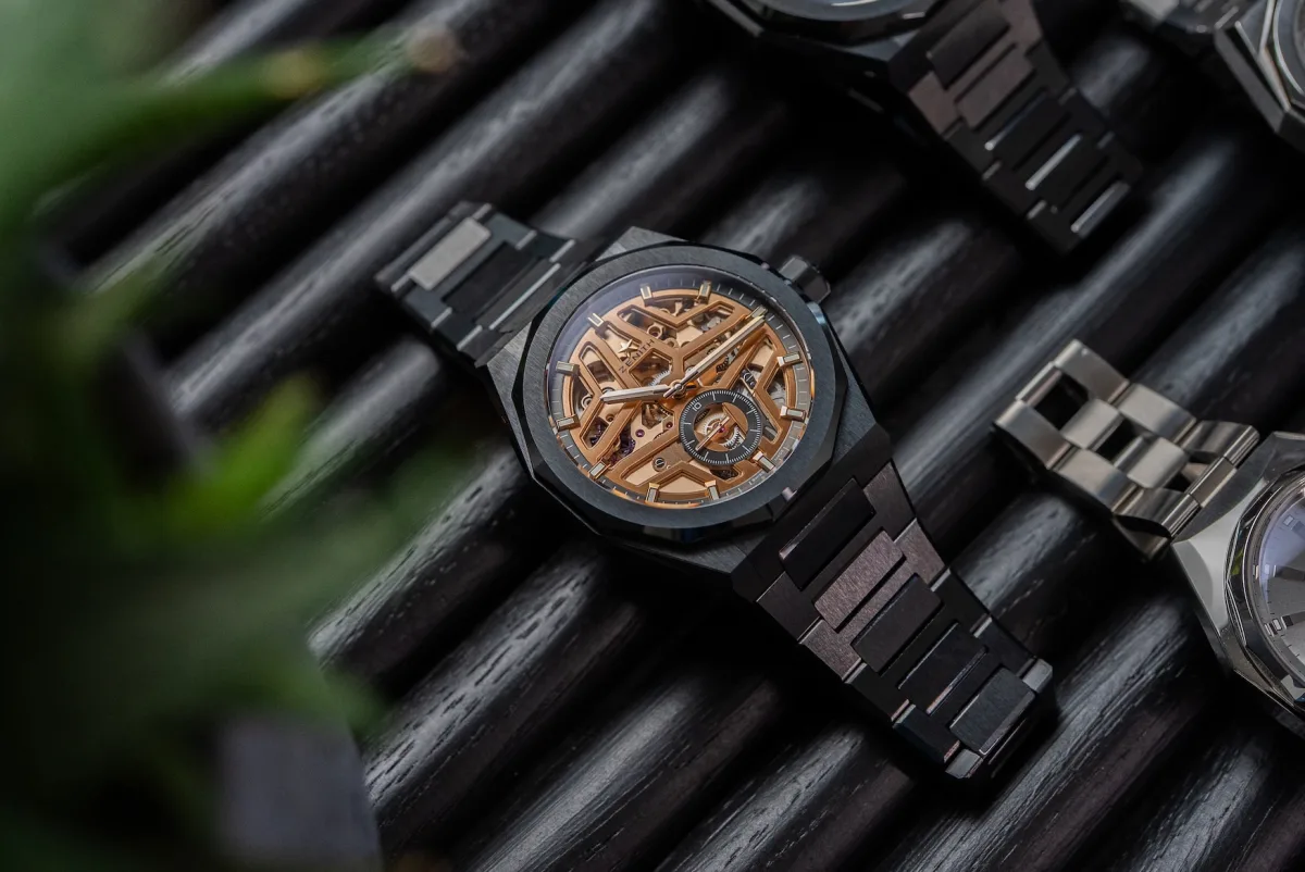 Close-up of gold-plated movement in Zenith Defy