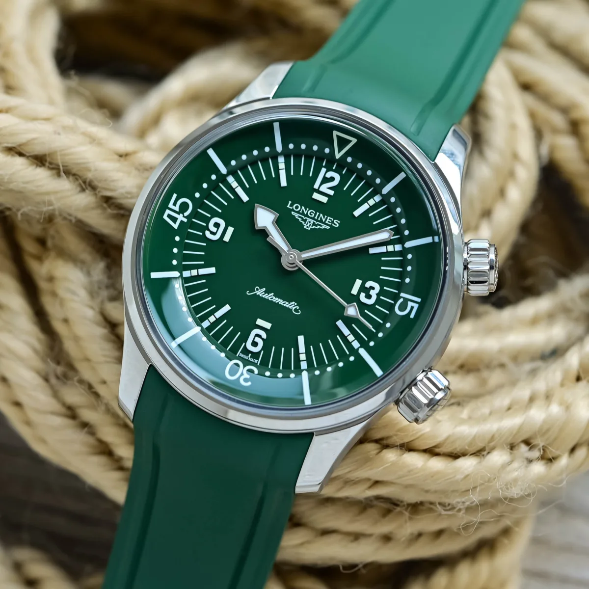 Longines Legend Diver with green rubber strap
