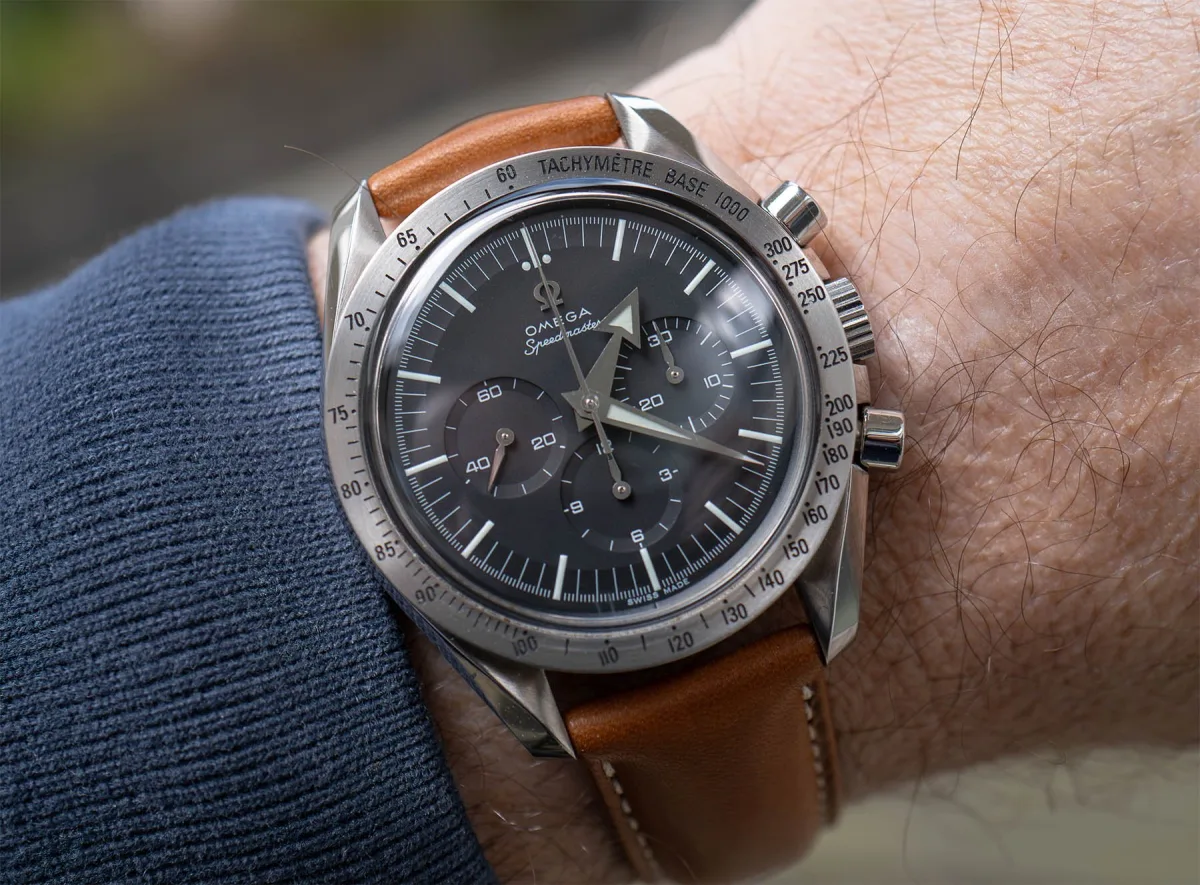 Close-up of Omega Speedmaster Broad Arrow's dial