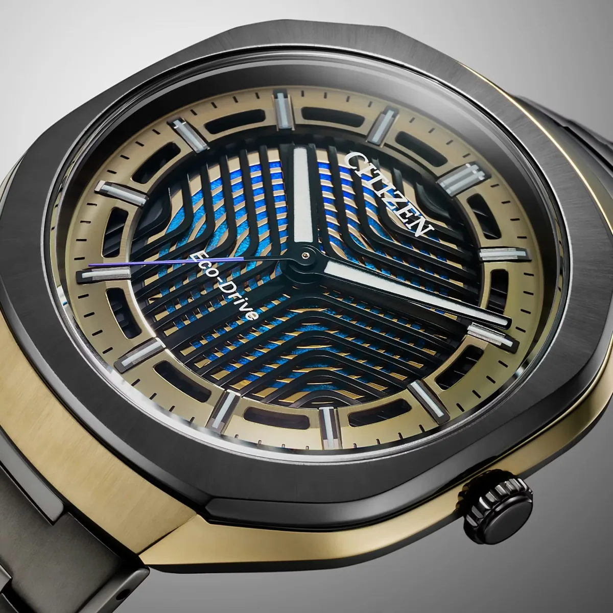 Close-up of Citizen Eco-Drive Photon dial with textured foil