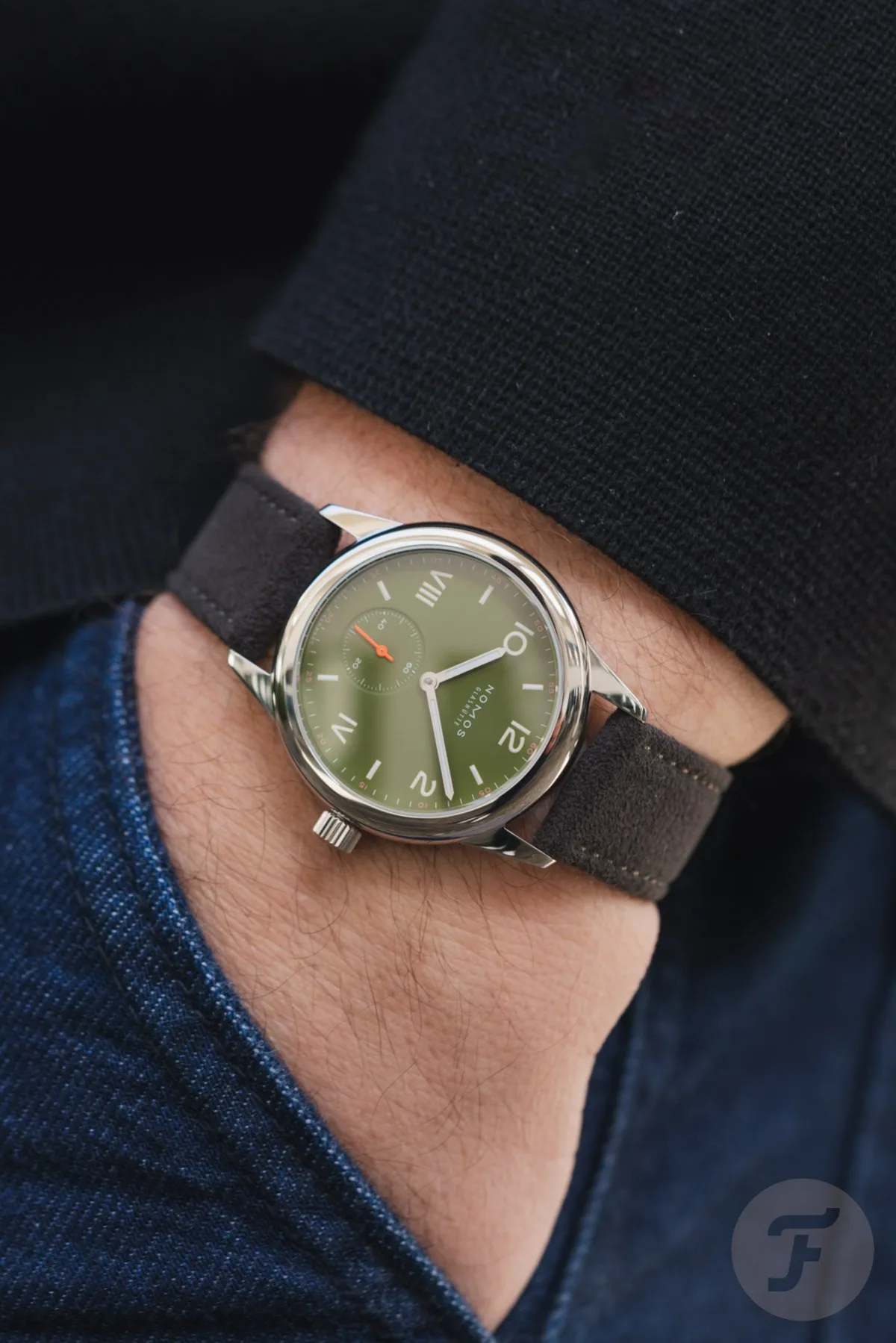 Nomos Club Campus All Olive on wrist