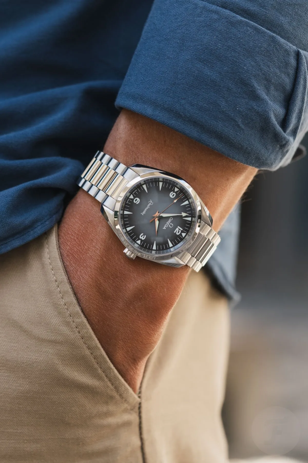 Omega Railmaster on wrist