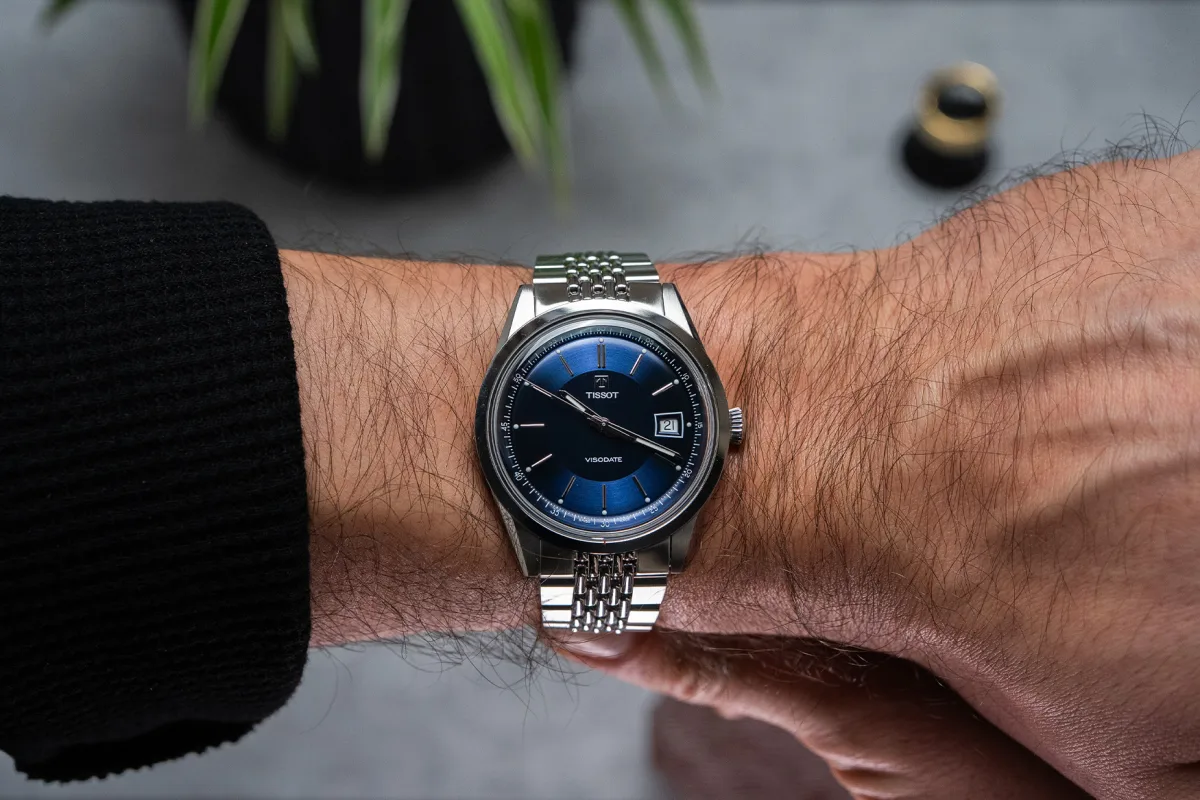 Close-up of Tissot Visodate's 39mm stainless steel case