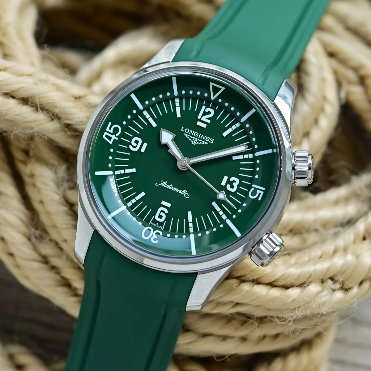Longines Legend Diver 39mm with green rubber strap overview