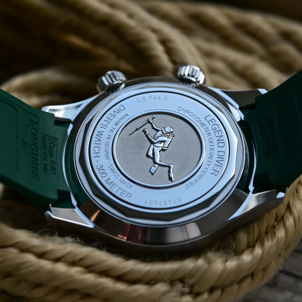 Back view showing the Longines Legend Diver case back