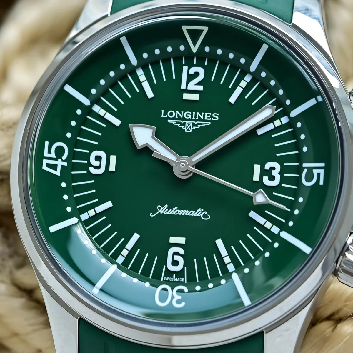 Close-up of Longines Legend Diver's green dial