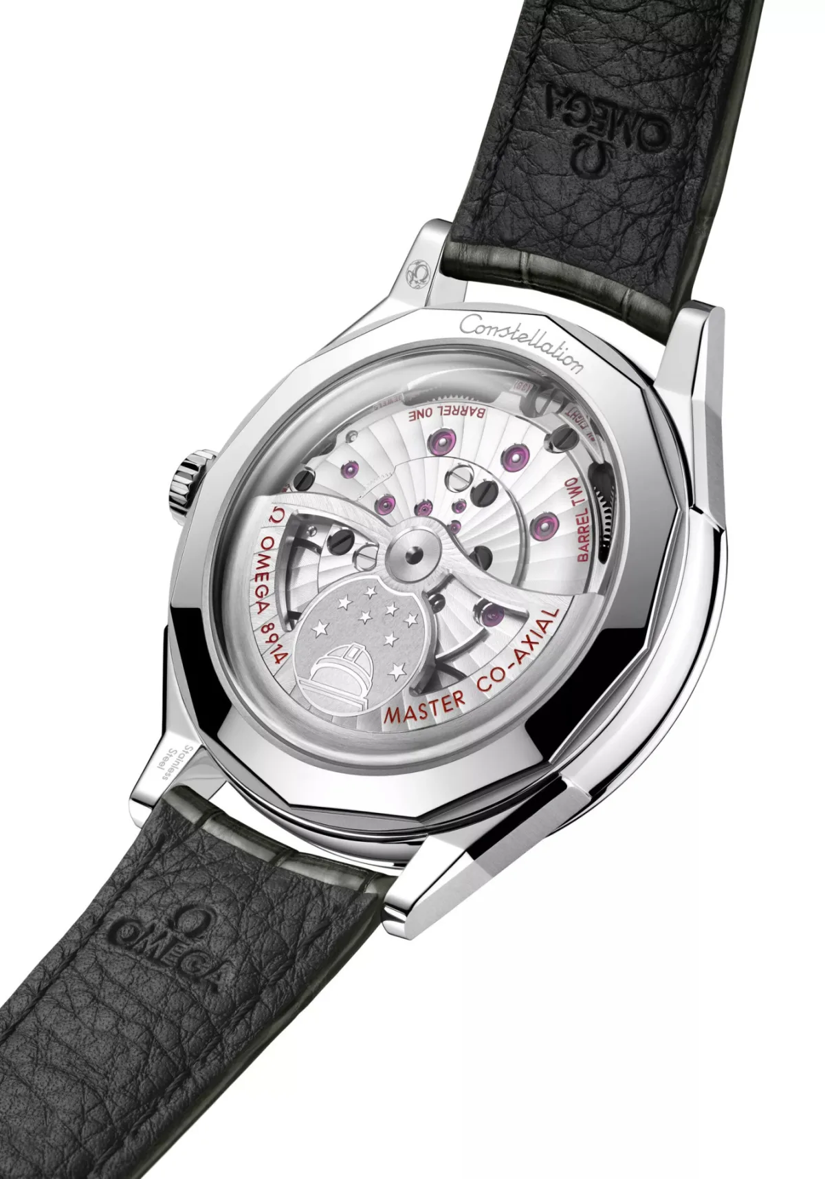 Omega watch with skeletonized rotor and observatory engraving