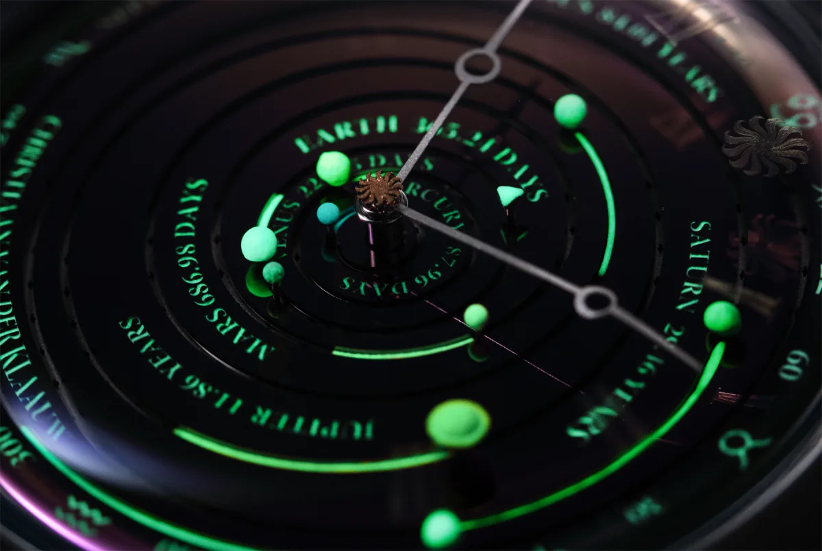 Close-up of the oxidized silicon dial with luminescent planets