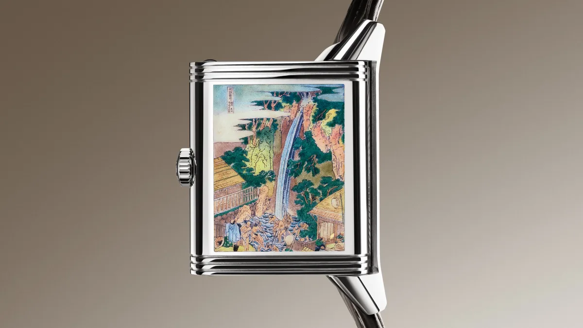 Enamel miniature of waterfall inspired by Hokusai