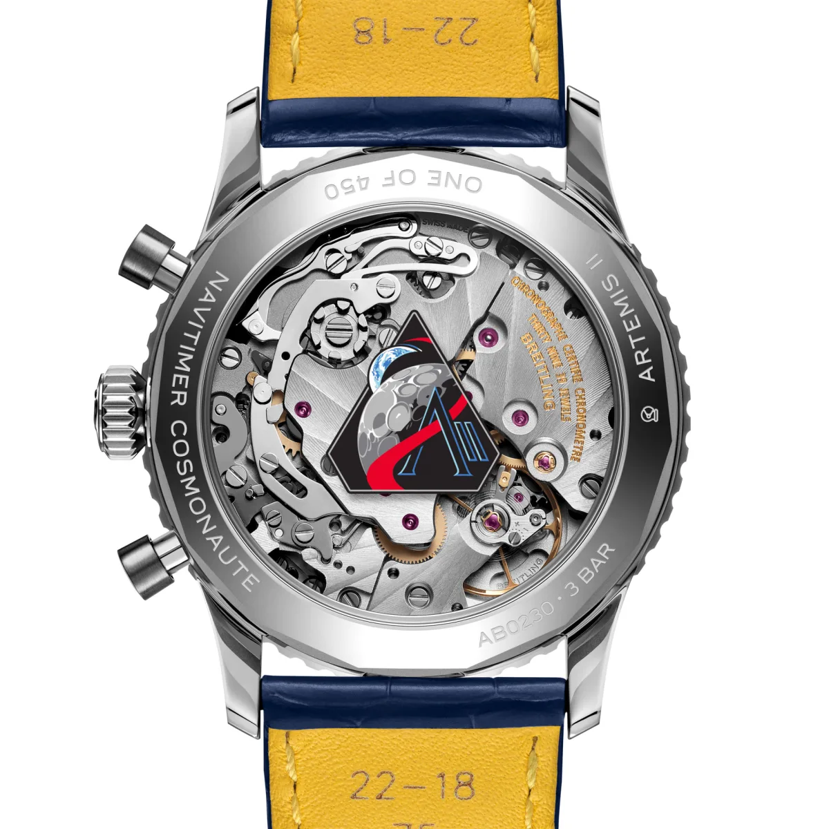 Sapphire case back of the Breitling Navitimer B02 Chronograph 41 with Artemis II logo