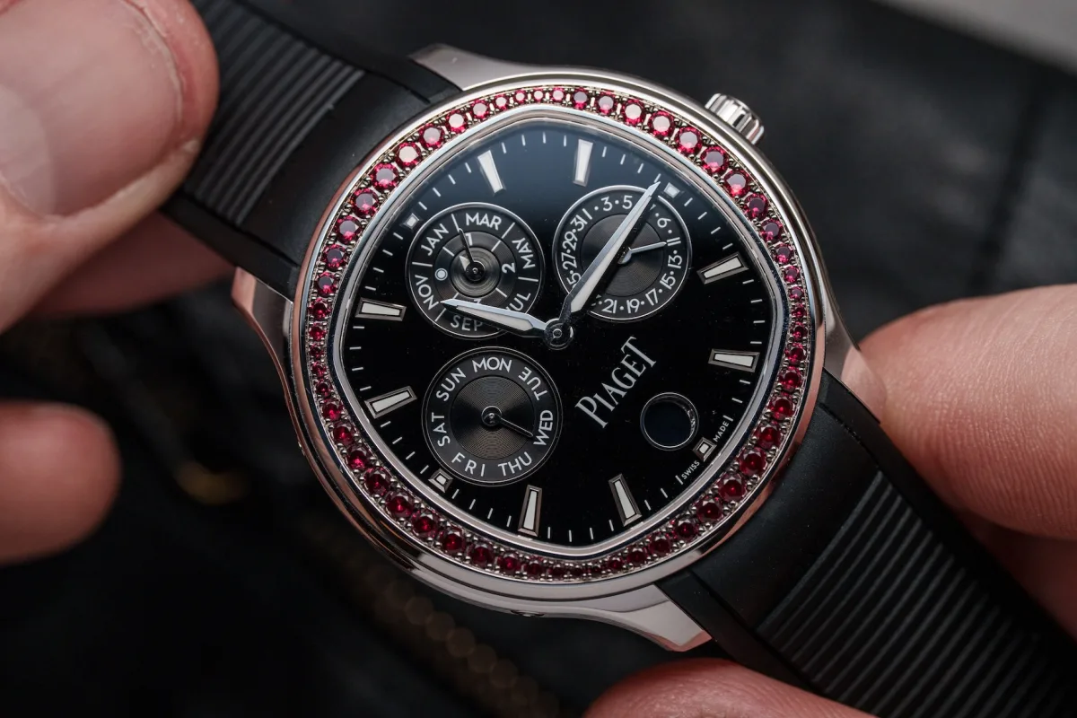 Close-up of onyx dial on Piaget Polo Perpetual Calendar