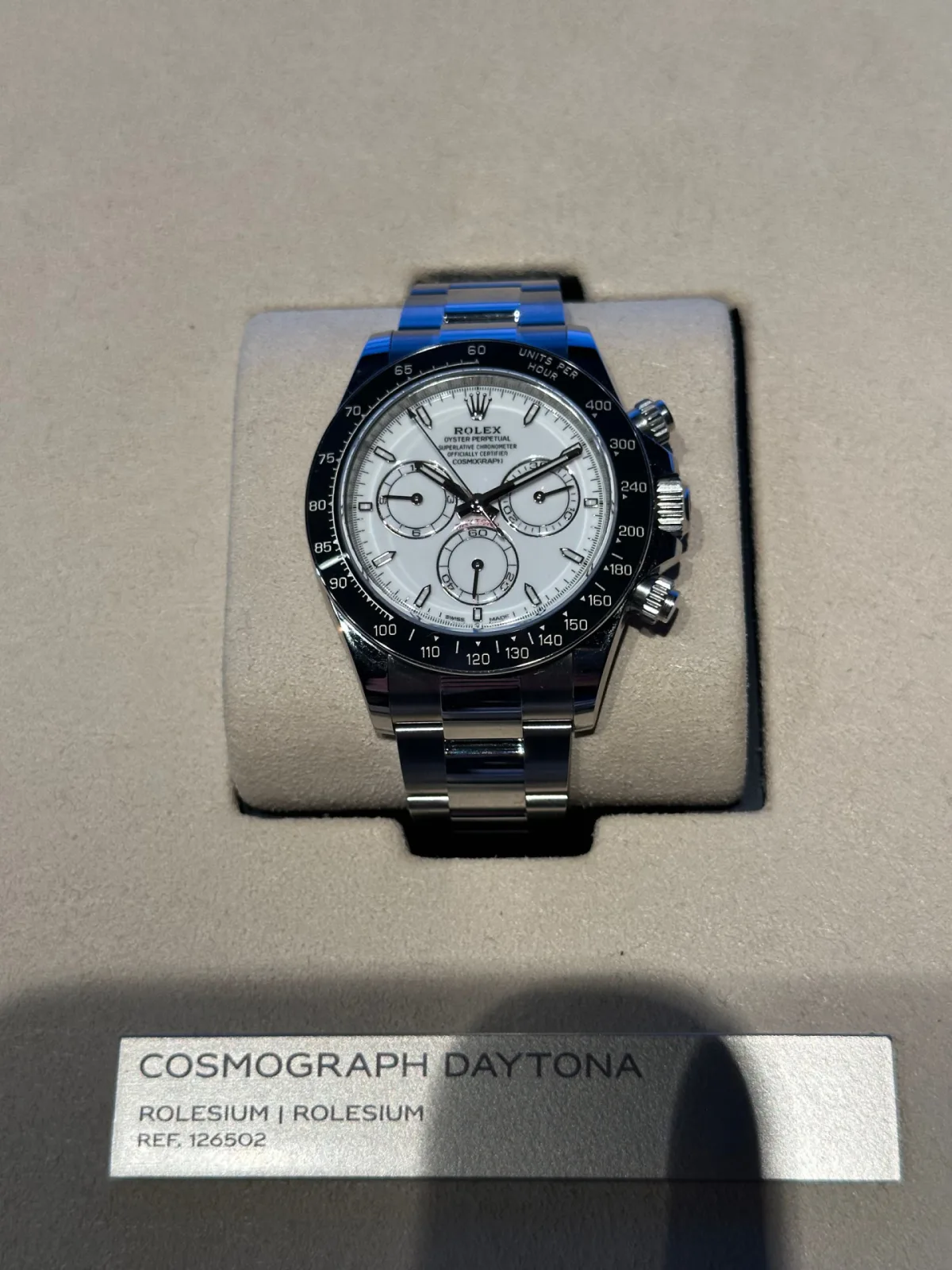 Detail of the white enamel dial on the Rolex Daytona