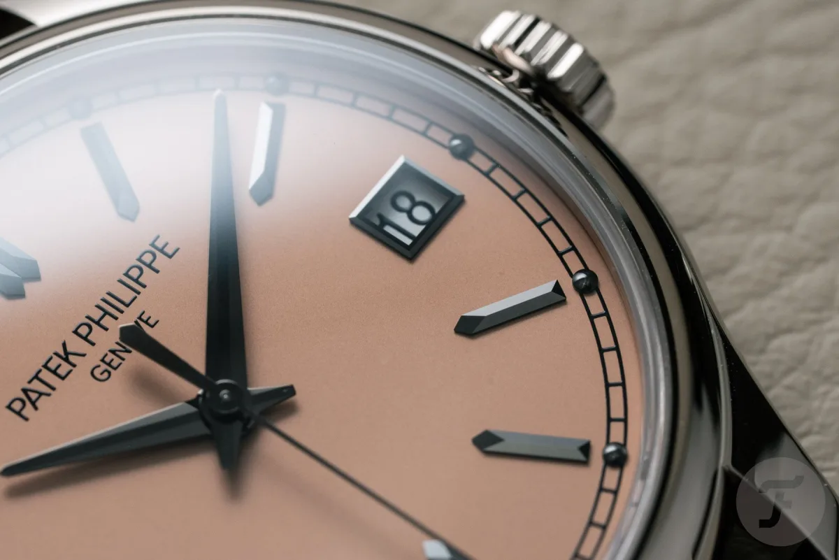 Detailed view of Patek Philippe Calatrava 5227G-015 dial.