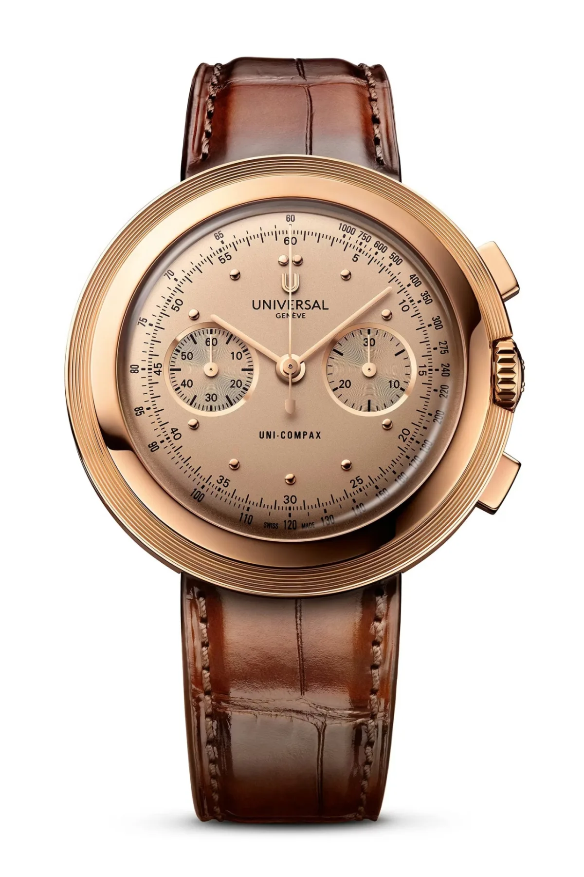 Close-up of Universal Genève Disco Volante in rose gold with pink dial