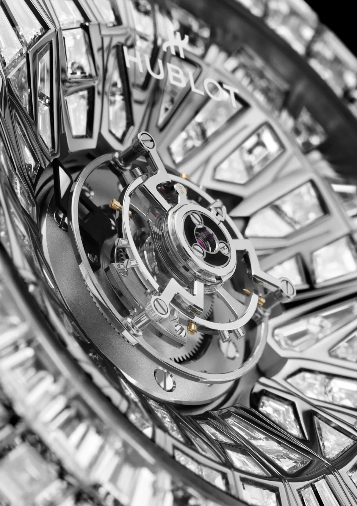 Close-up of the Hublot watch case encrusted with diamonds