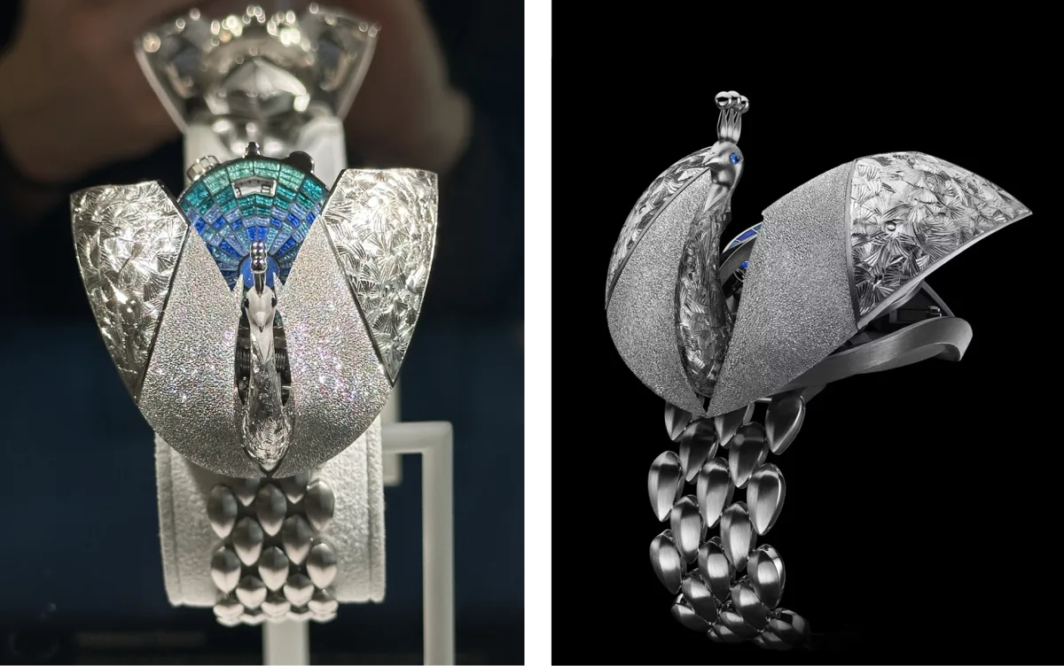 Audemars Piguet Établisseurs Peacock watch with peacock-shaped case.