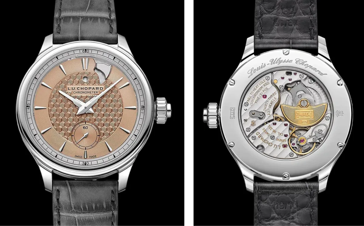 Chopard L.U.C. Strike One Titanium watch with salmon-colored dial.