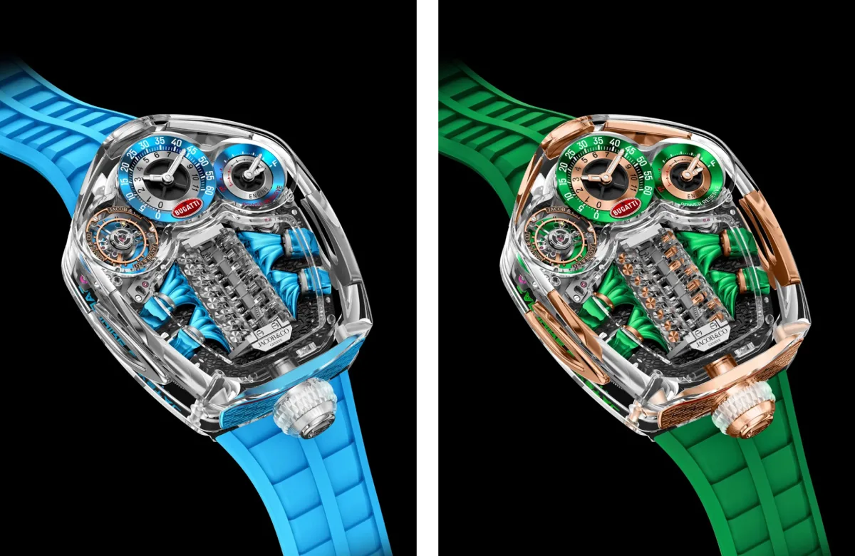 Jacob & Co. Bugatti Tourbillon Sapphire Crystal watch with automotive-inspired design.