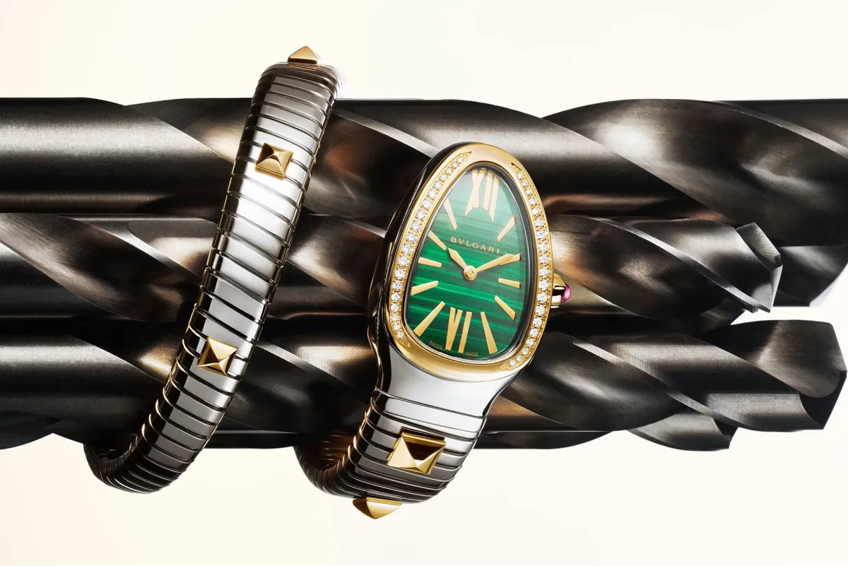 Bvlgari Serpenti Tubogas Stud watch with punk-inspired design.