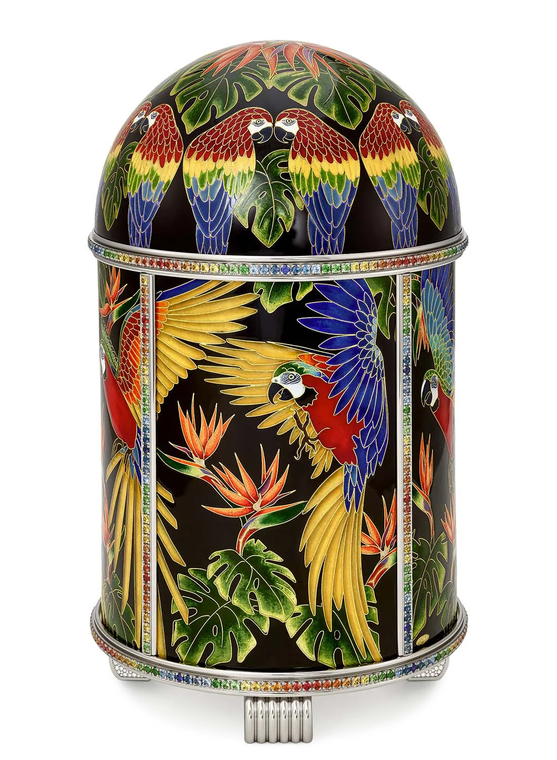 Close-up of the Macaws Dome Table Clock dial with diamonds