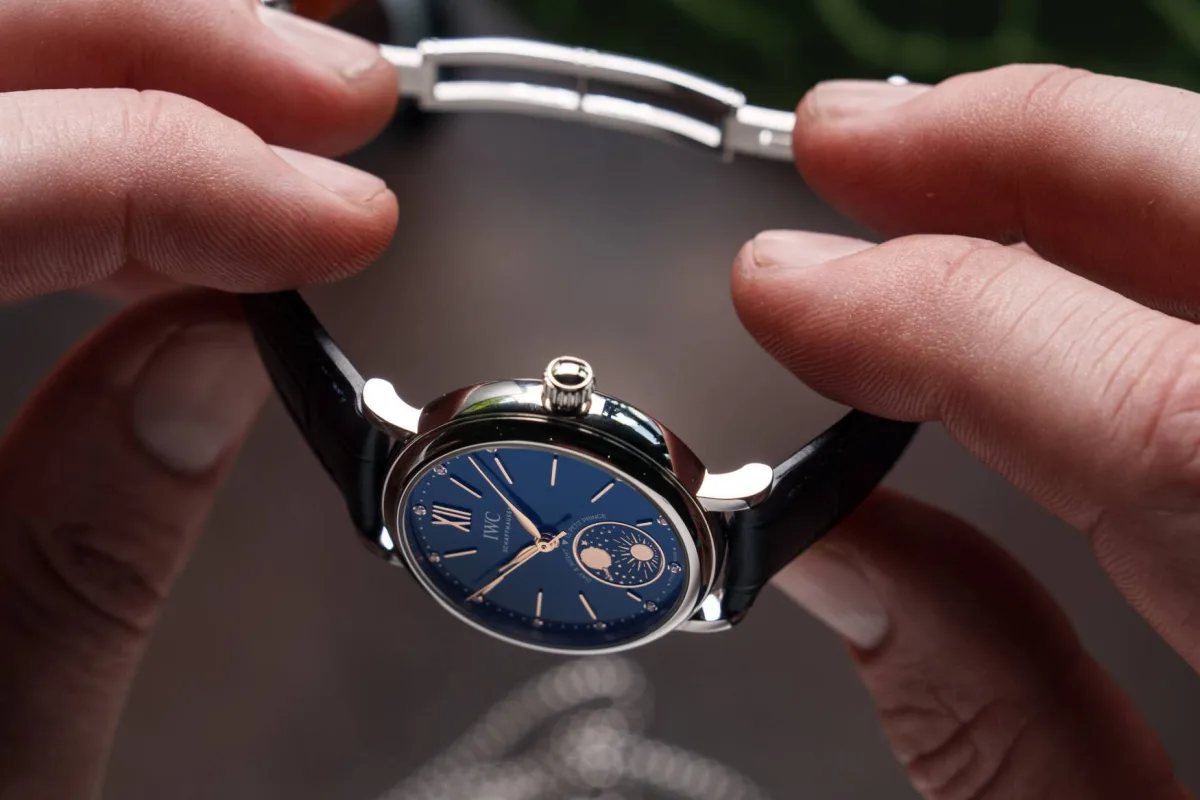 Close-up of the IWC Portofino Day & Night 34 Le Petit Prince blue dial