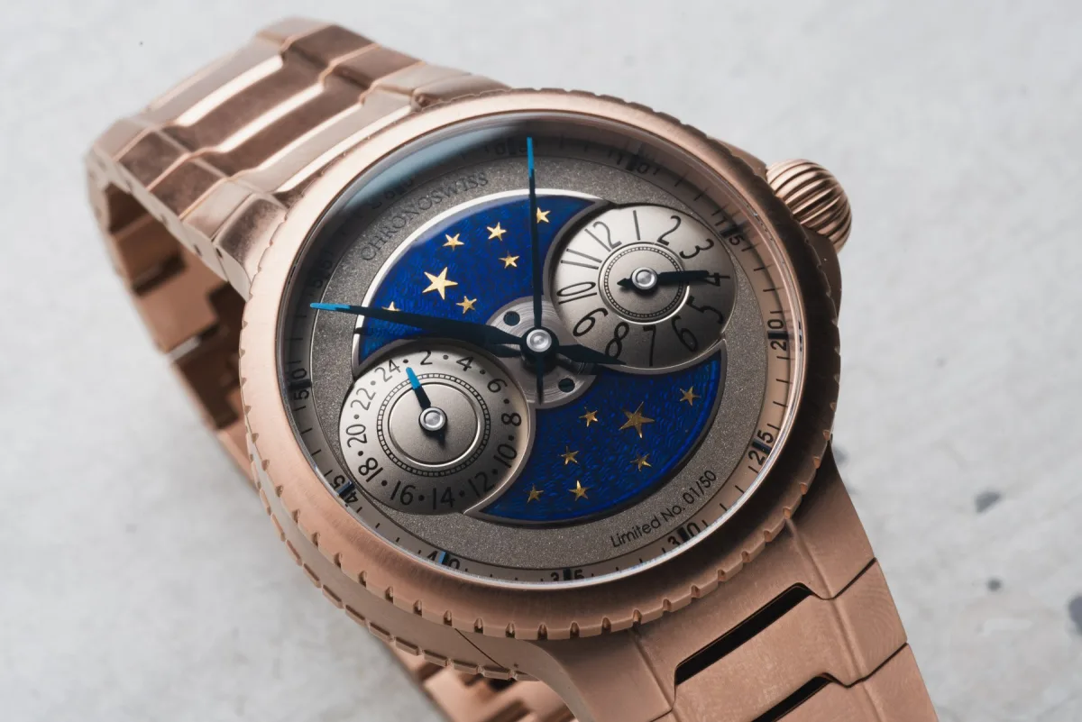 Rose gold Chronoswiss Pulse GMT with guilloché dial