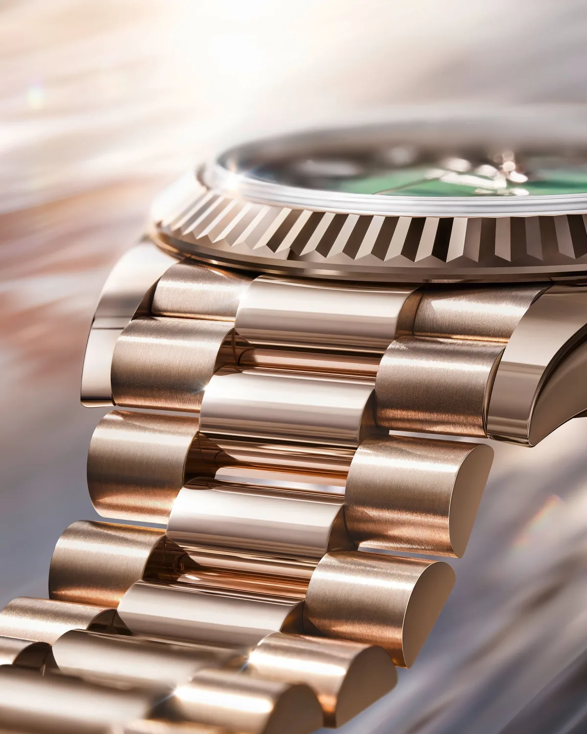 Close-up of Rolex Day-Date 40 with green aventurine dial