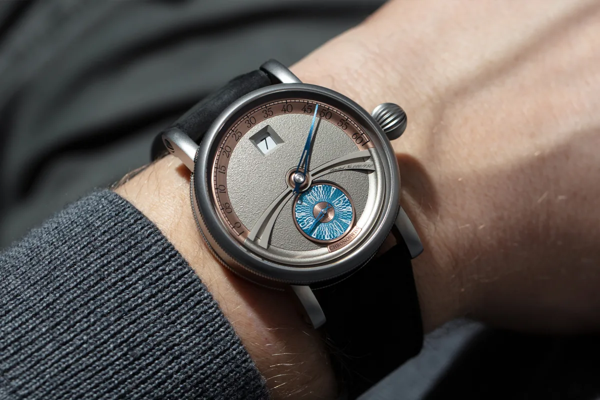 Close-up of the Delphis Art Deco dial with retrograde minute hand