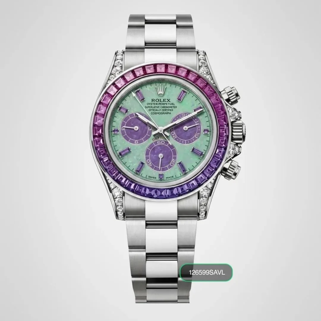 Rolex Daytona with white gold case and purple sapphire bezel.