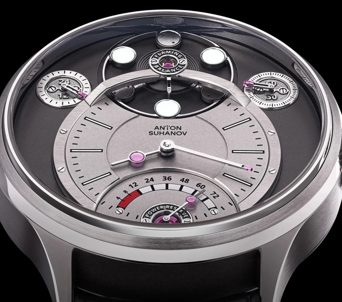 Anton Suhanov Flamingo watch dial with balance wheel