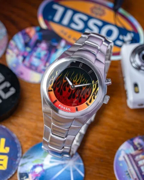 Fossil Y2K Big Tic in blue and orange flame-effect dials