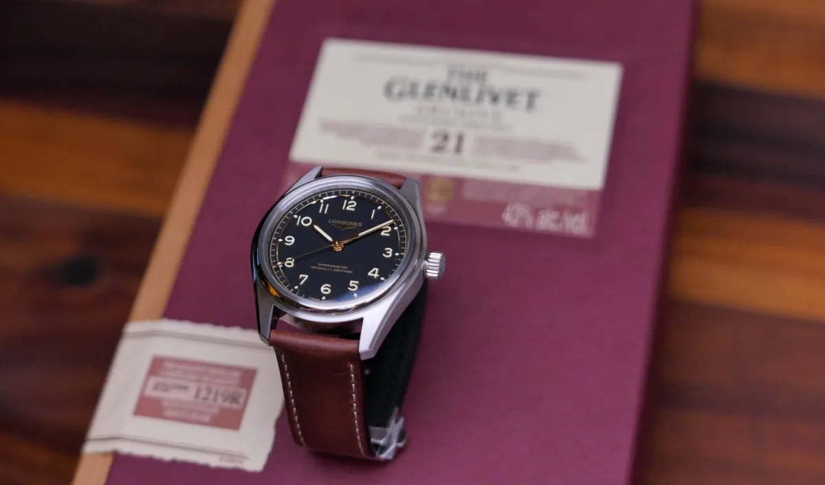 Side view of Longines Spirit Pilot showing crown and bezel