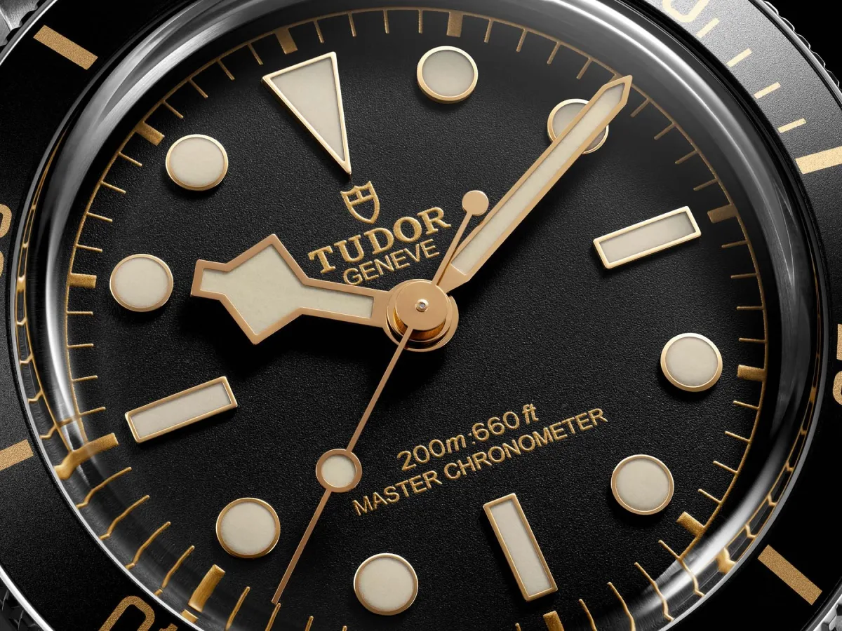 Close-up of Tudor Black Bay 58 dial with Snowflake hands