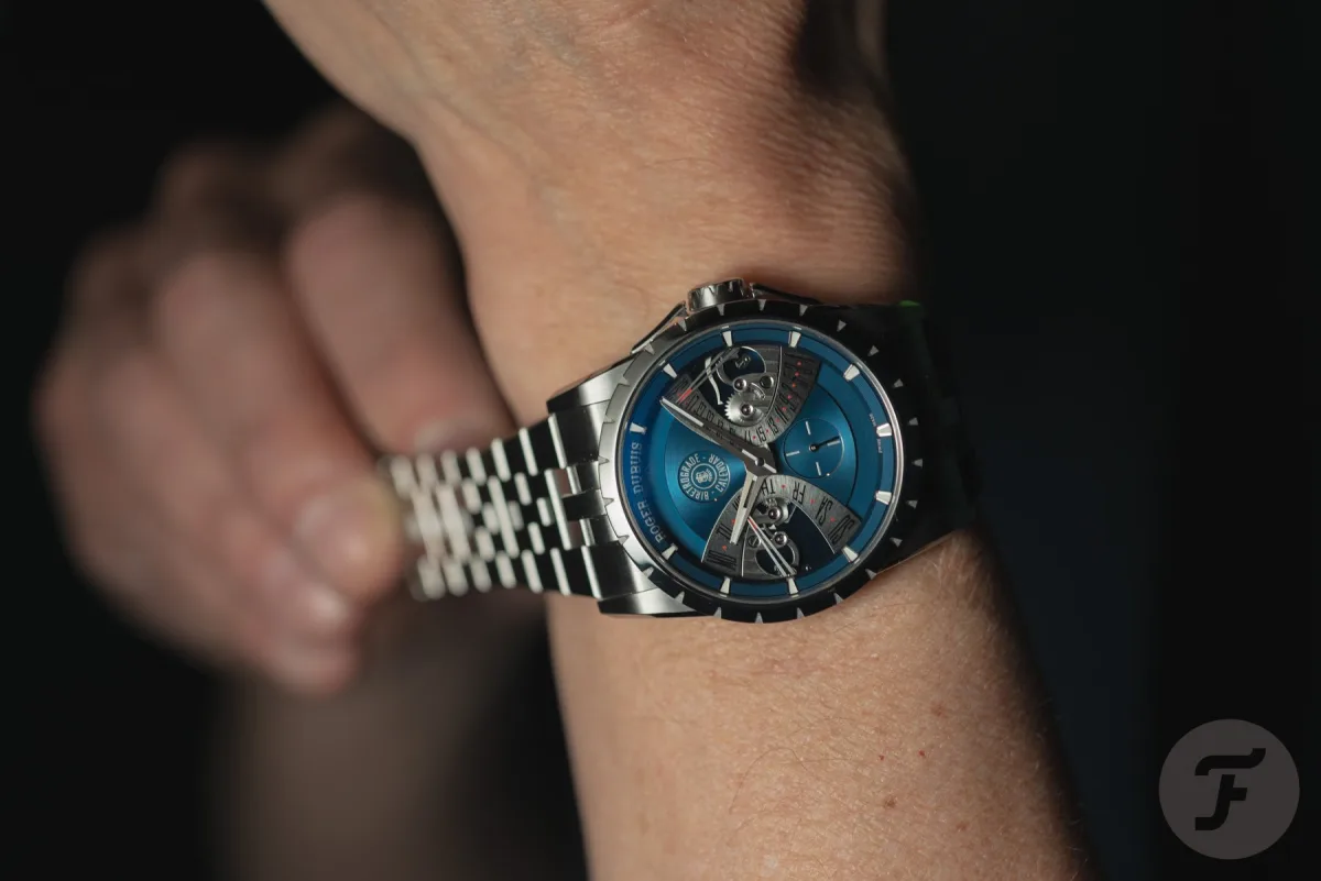 Close-up of the Excalibur Biretrograde Calendar's steel bracelet