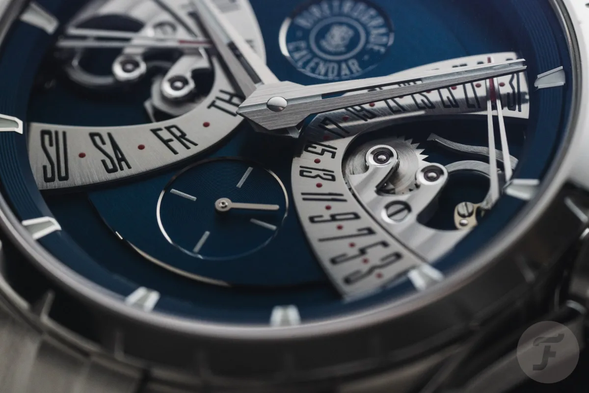 Dial details of the Excalibur Biretrograde Calendar in Cosmic Blue