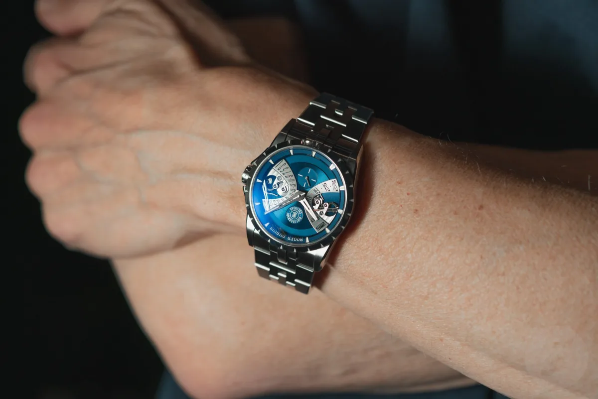 Wrist shot of the Excalibur Biretrograde Calendar in steel