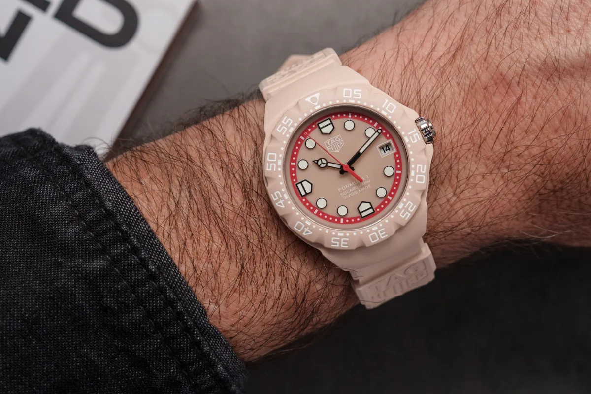 Close-up of TAG Heuer watch with Polylight case and pastel colors
