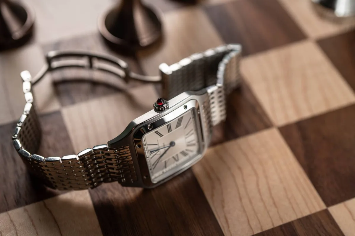 Side view of the Cartier Santos-Dumont case with visible screws