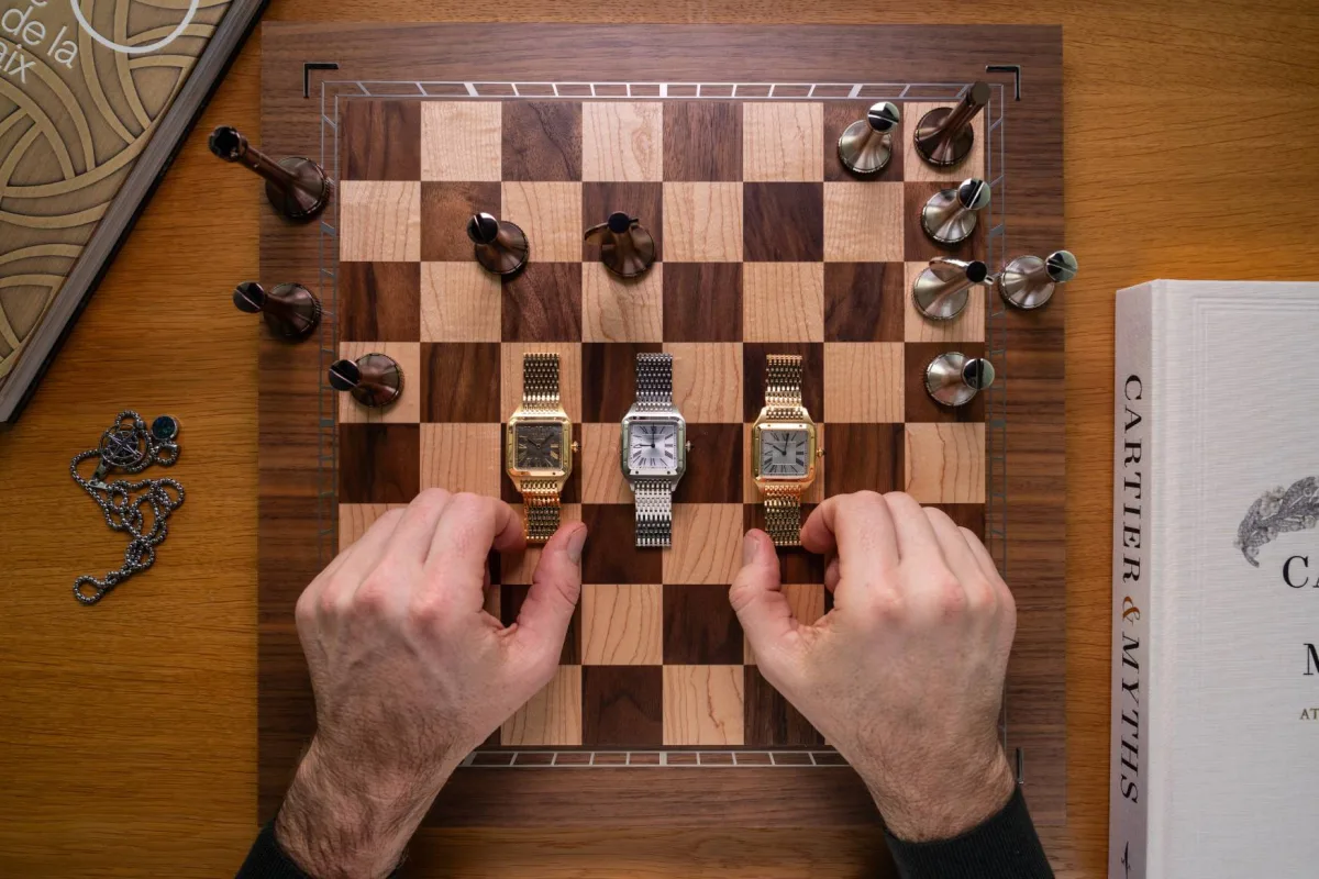 Cartier Santos-Dumont with metal bracelet on display