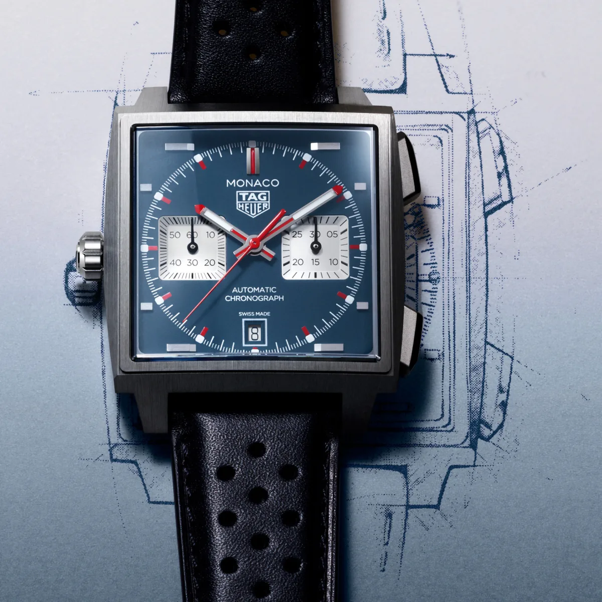Close-up of the TAG Heuer Monaco Chronograph titanium case