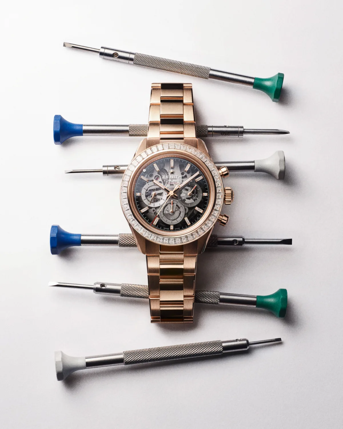 Close-up of Zenith Chronomaster Sport Skeleton rose gold bracelet