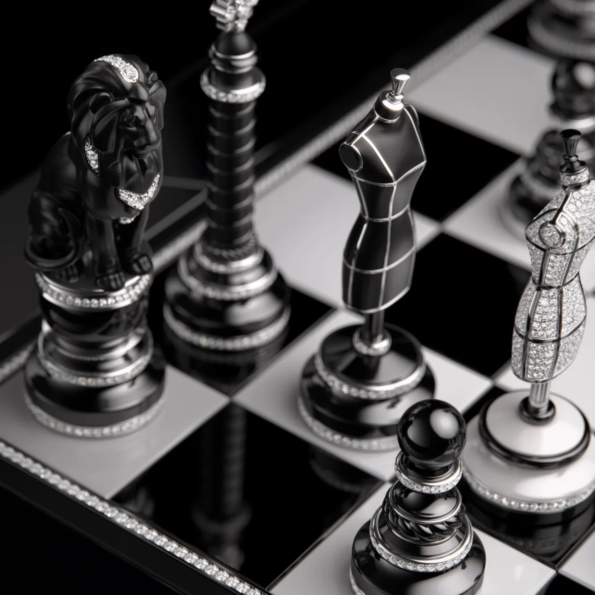 Detail of diamond setting on Chanel chessboard