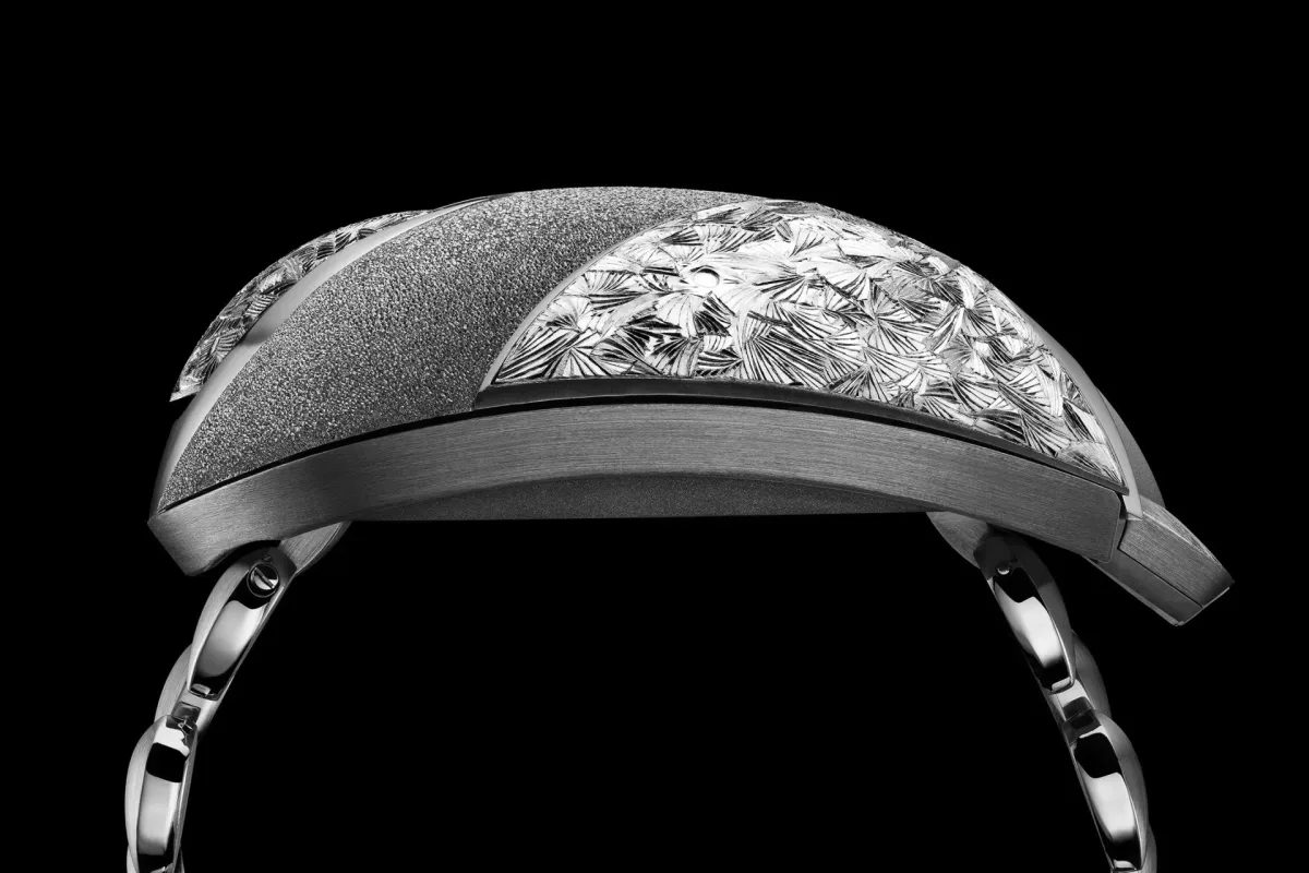 Detail of the Établisseurs Peacock watch's engraved parts