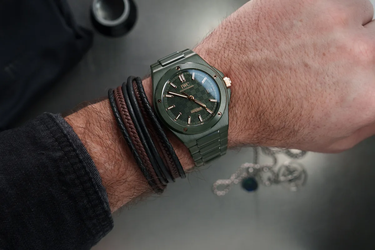 Close-up of IWC Ingenieur Automatic 42 dial with gold accents