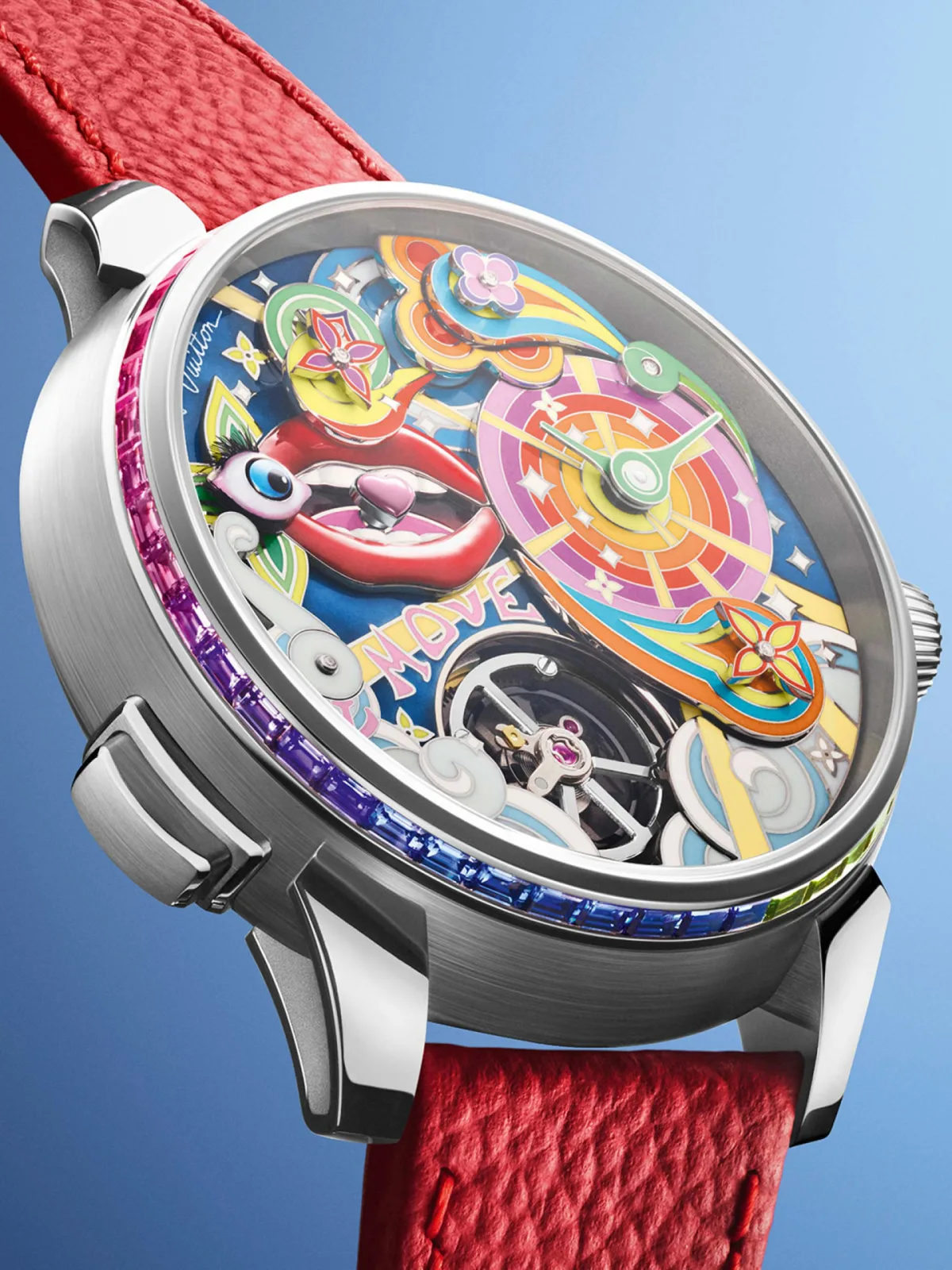 Close-up of animated elements on the watch dial
