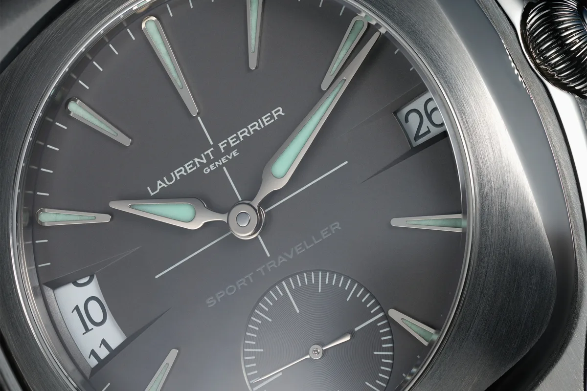 Titanium case of Laurent Ferrier Sport Traveller with sapphire crystal